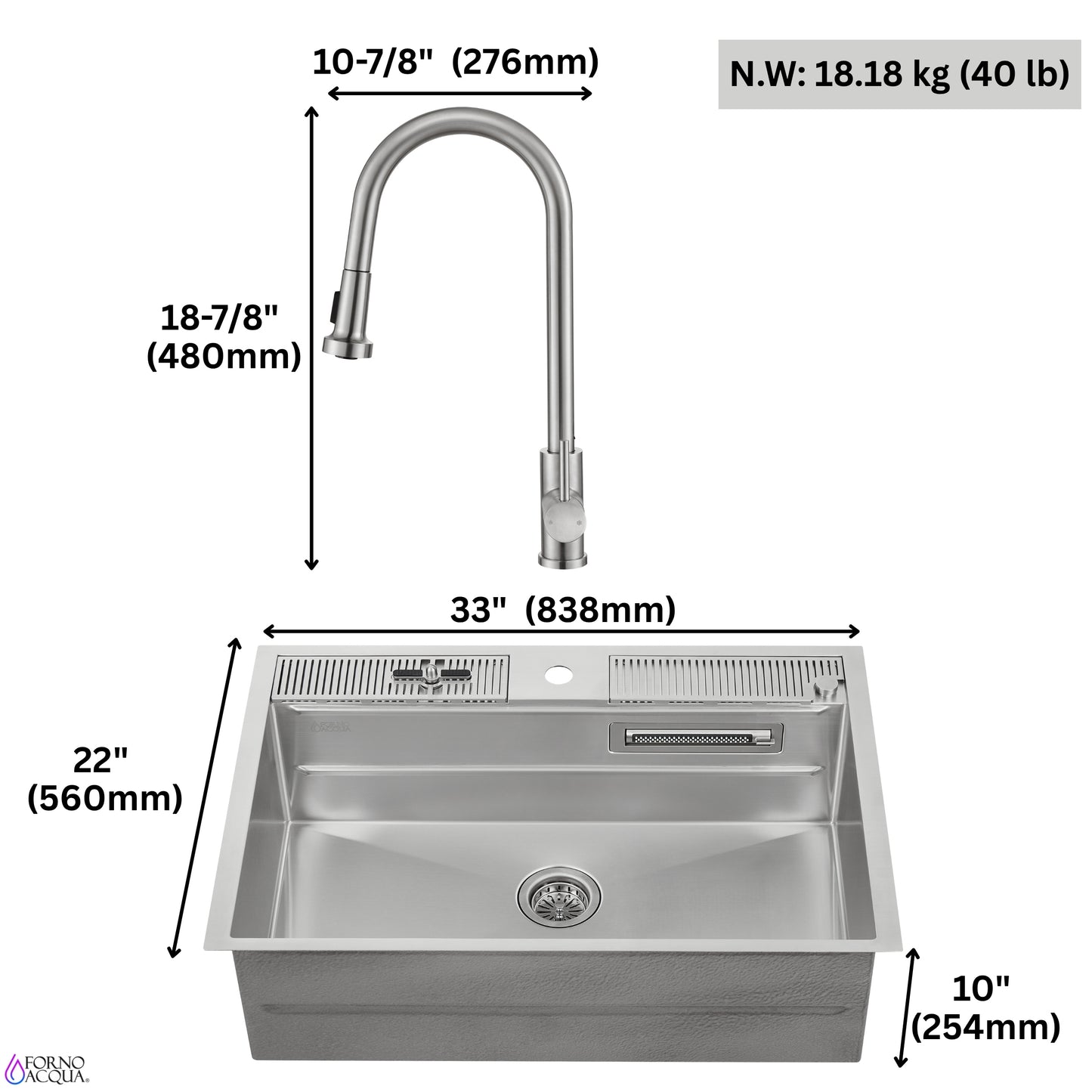 FORNO ACQUA 33 in. Drop-In/Undermount 3-Level Workstation Sink with Faucet, Waterfall & Glass Rinser