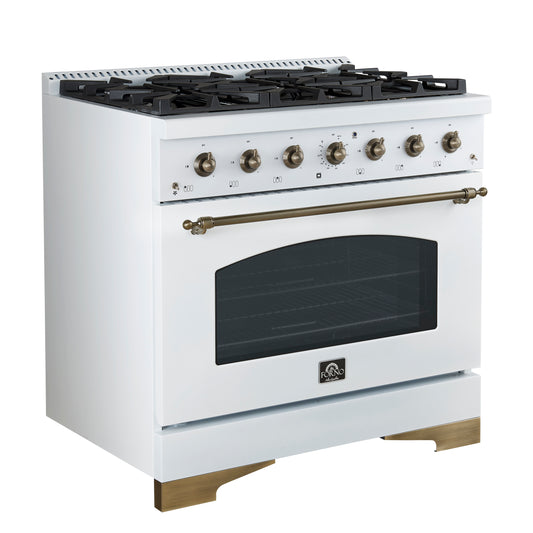 Forno Antico 36-inch Dual Fuel Range White and Antique Brass Design with 6 Sealed Gas Burners and Electric Convection Oven