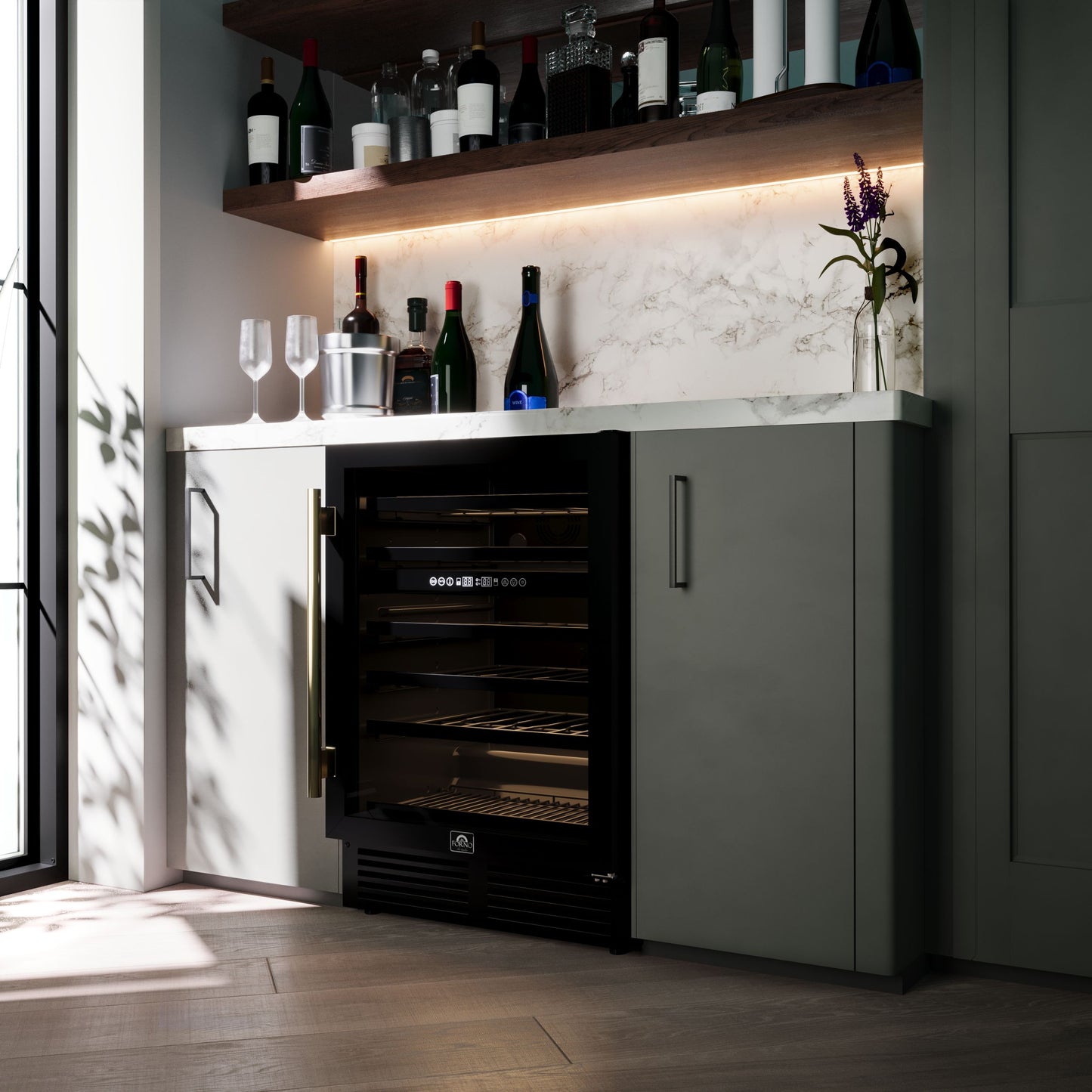 Forno Bacchino 24 Inch Wine Cooler, Black with Antique Brass Handles, with LED Lighting, Triple Glass Door, 51 Bottle Capacity, Built-In or Freestanding