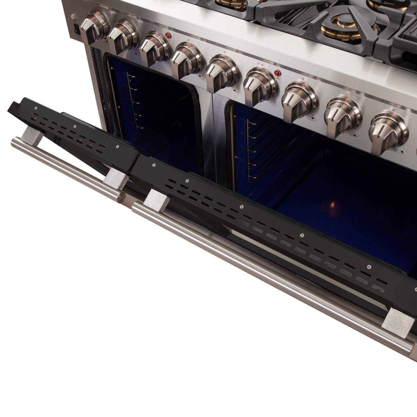 FORNO Capriasca 48-inch Gas Range Stainless Steel, 8 Brass Burners 160,000 BTU, 6.58 cu.ft. Double Oven, Black Doors