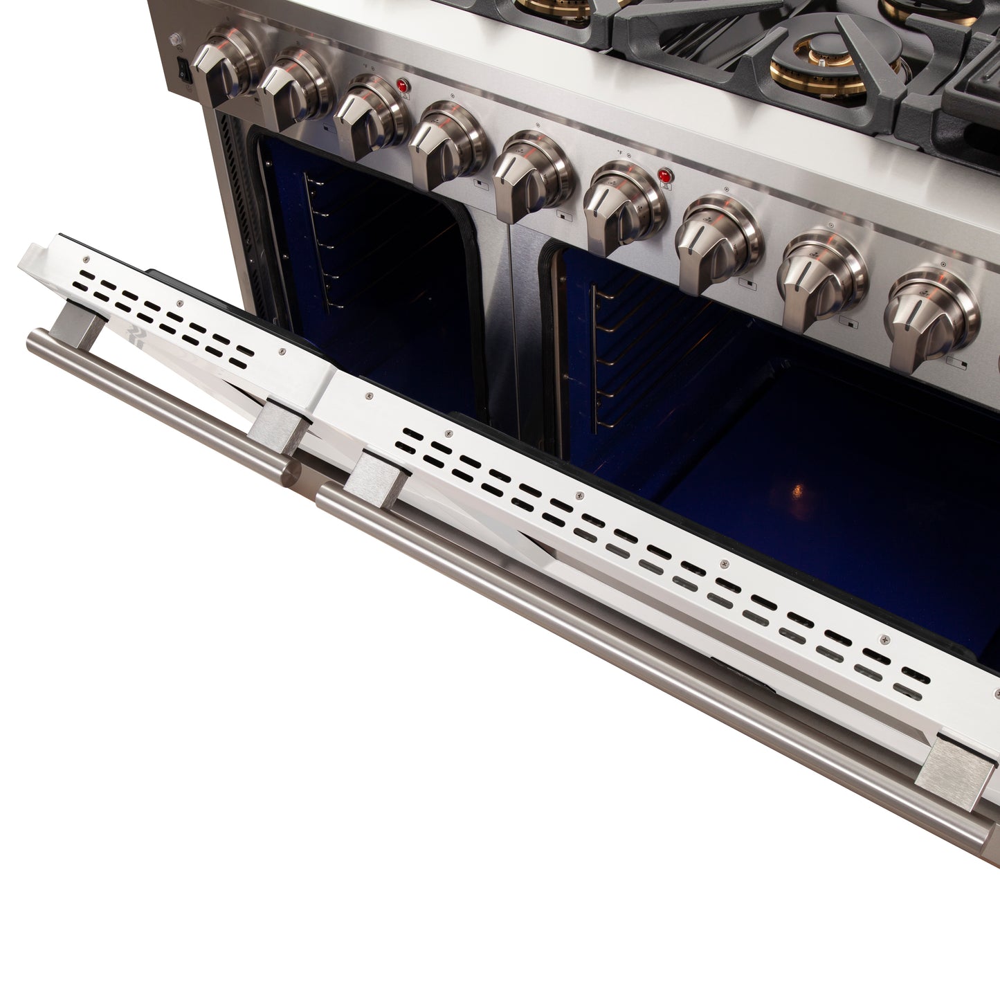FORNO Capriasca 48-inch Gas Range Stainless Steel, 8 Brass Burners 160,000 BTU, 6.58 cu.ft. Double Oven, White Doors