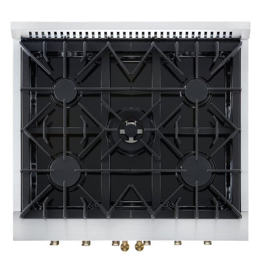 Forno Galiano 30-inch French Door Gas Range
White with Antique Brass Design, 5 Burners,
68,000 BTU, 4.32 cu.ft. Convection Oven