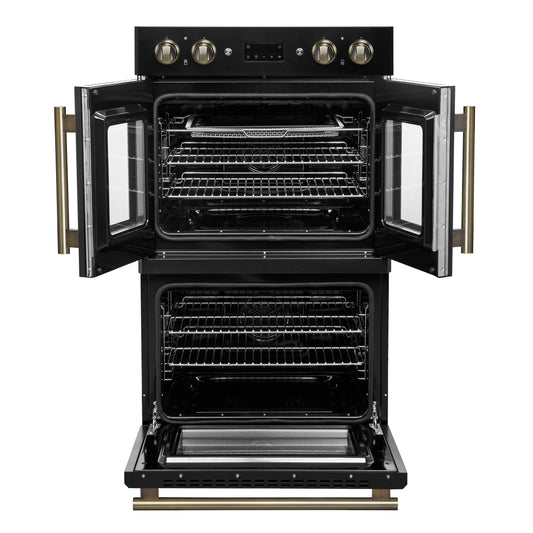 Forno Asti 30-Inch Double Electric Wall Oven with Upper French Doors in Black & Antique Brass, 7.36 cu. ft. Dual True Convection, 7,200W, Air Fry, Sous Vide, Self-Clean