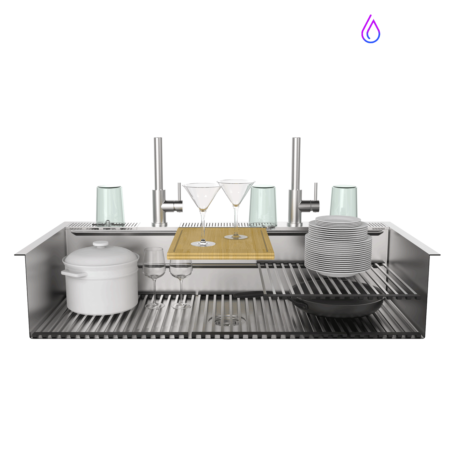 FORNO ACQUA 45 in. Drop-In/Undermount 3-Level Workstation Sink with Two Faucets & Glass Rinser