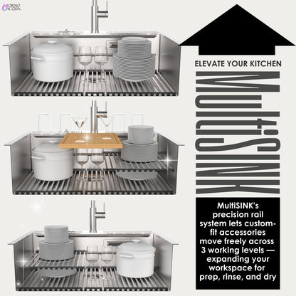 FORNO ACQUA 33 in. Drop-In/Undermount 3-Level Workstation Sink with Waterfall Faucet & Glass Rinser