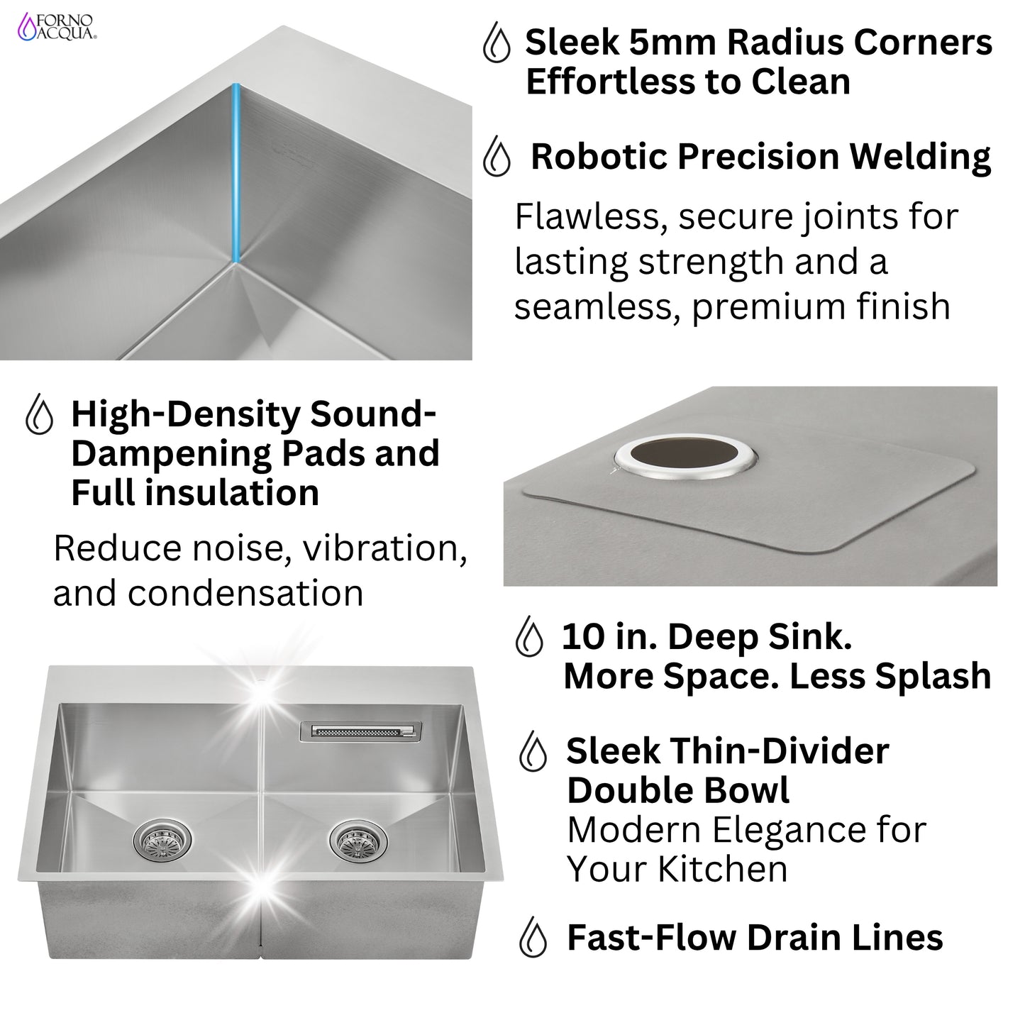 FORNO ACQUA 33 in. Drop-In/Undermount 50/50 Double Bowl Stainless Steel Sink with Faucet & Waterfall