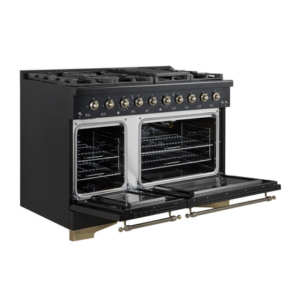 Forno Antico 48-Inch Dual Fuel Range, Black with Antique Brass Finish, 8 Burners, 94,000 BTU, 5.5 cu.ft. Double Ovens & Griddle