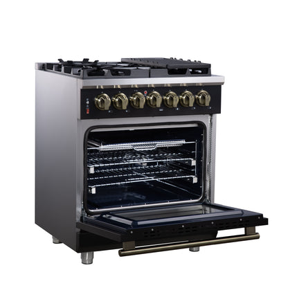 Forno Massimo 30 Inch Freestanding Dual Fuel Range in Black with Antique Brass Accessories, 4 Burners, 4.32 cu. ft. Convection Oven