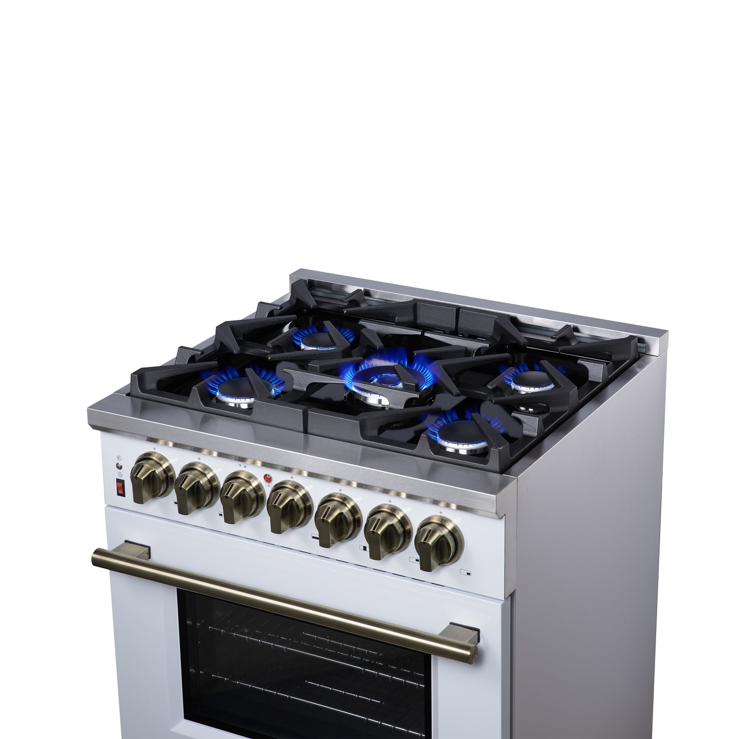 Forno Massimo 30-Inch Freestanding Dual Fuel Range in White with Antique Brass Accessories, 4 Burners, 4.32 cu. ft. Convection Oven