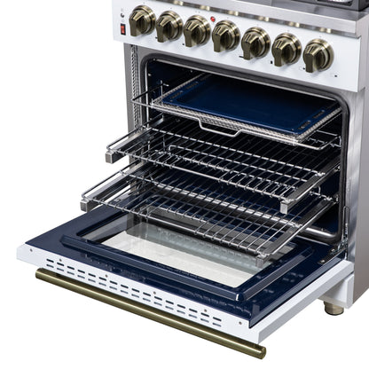 Forno Massimo 30-Inch Freestanding Dual Fuel Range in White with Antique Brass Accessories, 4 Burners, 4.32 cu. ft. Convection Oven