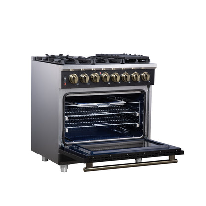 Forno Massimo 36 Inch Freestanding Dual Fuel Range in Black with Antique Brass Accessories, 6 Burners, 5.36 cu. ft. Convection Oven