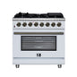 Forno Massimo 36 Inch Freestanding Dual Fuel Range in White with Antique Brass Accessories, 6 Burners, 5.36 cu. ft. Convection Oven