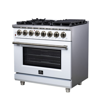 Forno Massimo 36 Inch Freestanding Dual Fuel Range in White with Antique Brass Accessories, 6 Burners, 5.36 cu. ft. Convection Oven