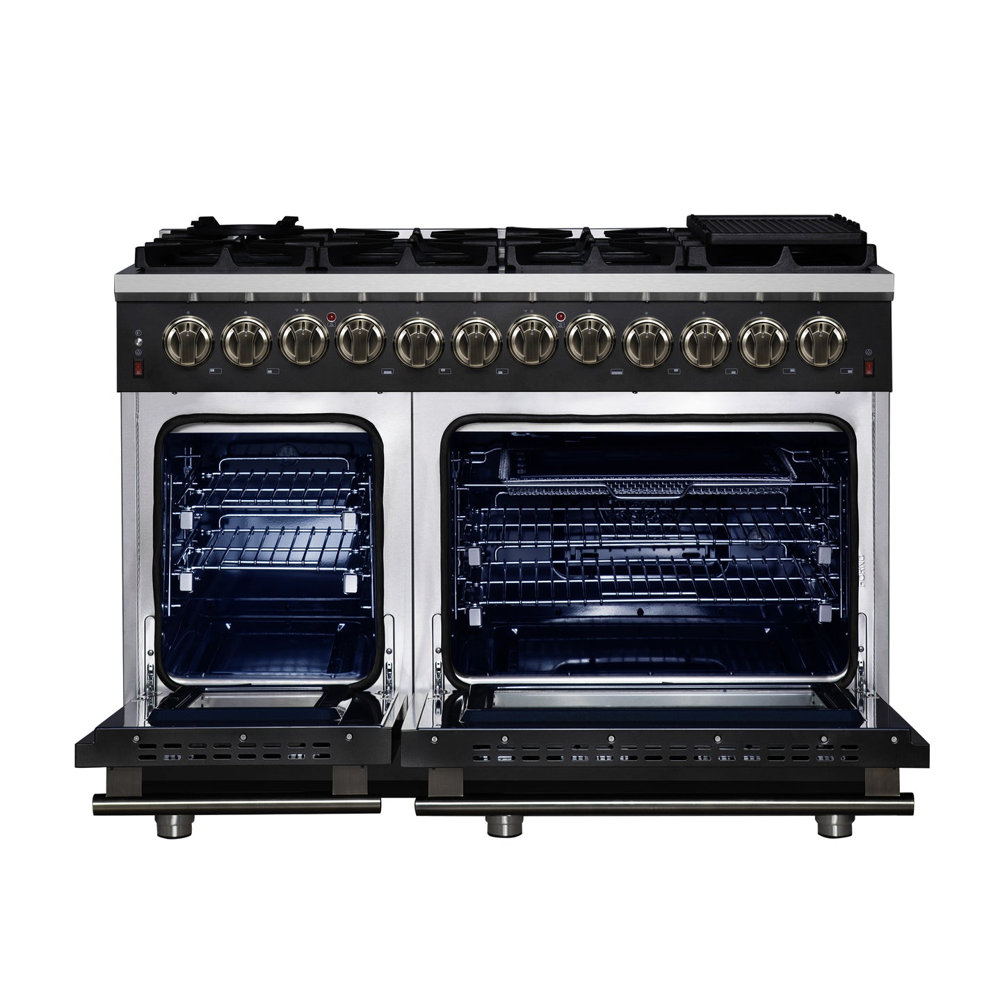 Forno Massimo 48 Inch Freestanding Dual Fuel Range in Black with Antique Brass Accessories, 8 Burners, 6.58 cu. ft. Convection Oven