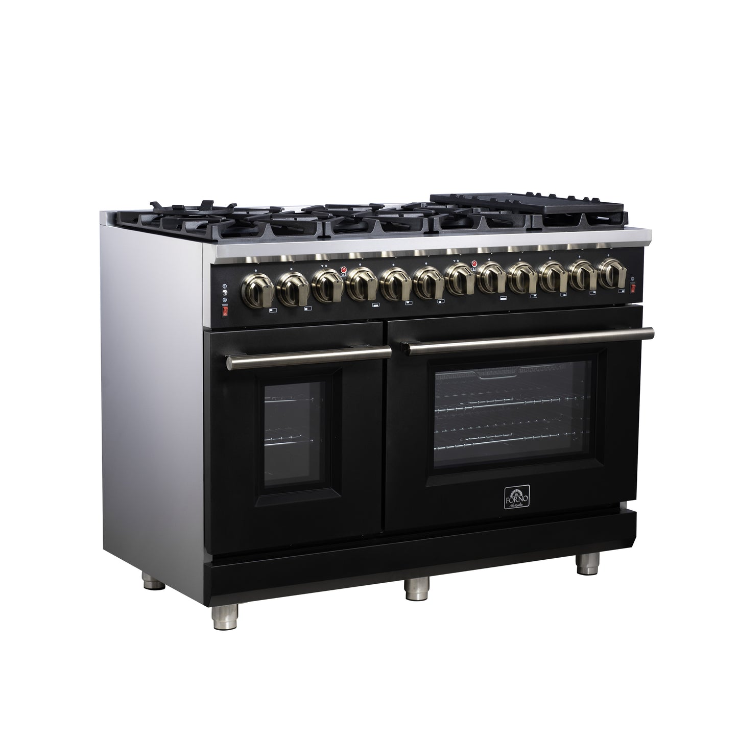Forno Massimo 48 Inch Freestanding Dual Fuel Range in Black with Antique Brass Accessories, 8 Burners, 6.58 cu. ft. Convection Oven