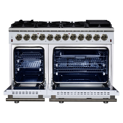 Forno Massimo 48 Inch Freestanding Dual Fuel Range in White with Antique Brass Accessories, 8 Burners, 6.58 cu. ft. Convection Oven