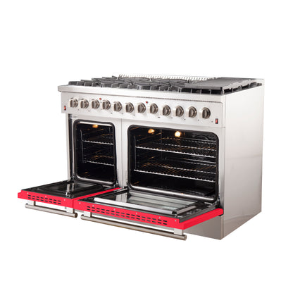 Forno Galiano 48-Inch Freestanding Dual Fuel Range, 8 Burners, Double Convection Ovens, Red Doors