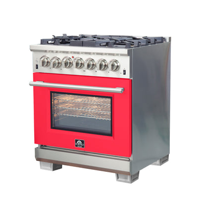 Forno Capriasca 30-Inch Freestanding Dual Fuel Range, 4 Burners, True Convection Oven, Red Door