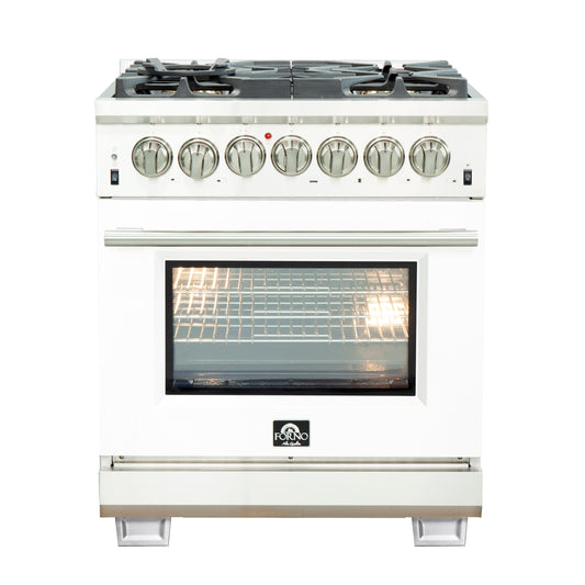 Forno Capriasca 30-Inch Freestanding Dual Fuel Range, 4 Burners, True Convection Oven, White Door