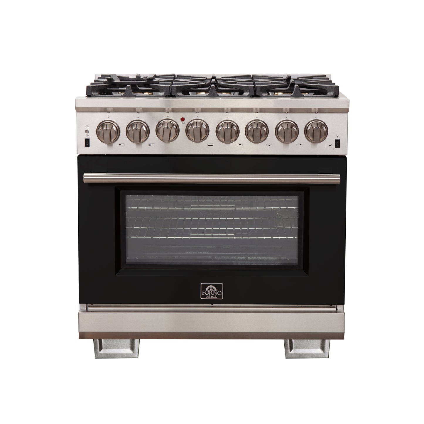 Forno Capriasca 36-Inch Freestanding Dual Fuel Range, 6 Burners, True Convection Oven, Black Door