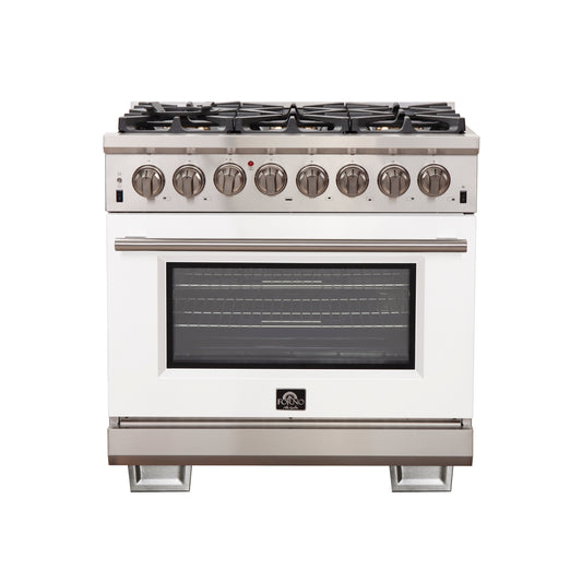 Forno Capriasca 36-Inch Freestanding Dual Fuel Range, 6 Burners, True Convection Oven, White Door