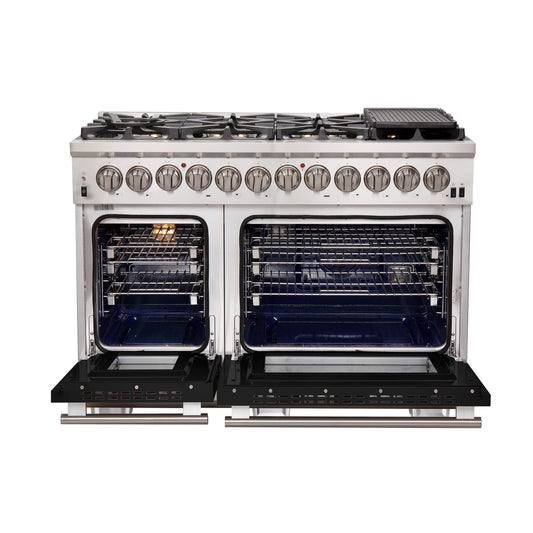 Forno Capriasca 48-Inch Freestanding Dual Fuel Range, 8 Burners, True Convection Oven, Black Doors