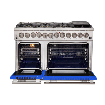 Forno Capriasca 48-Inch Freestanding Dual Fuel Range, 8 Burners, True Convection Oven, Blue Doors