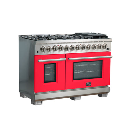 Forno Capriasca 48-Inch Freestanding Dual Fuel Range, 8 Burners, True Convection Oven, Red Doors
