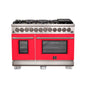 Forno Capriasca 48-Inch Freestanding Dual Fuel Range, 8 Burners, True Convection Oven, Red Doors