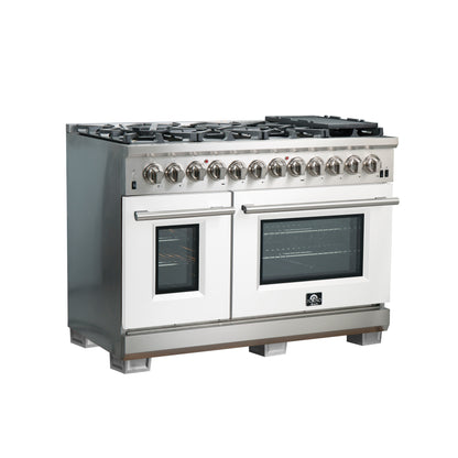 Forno Capriasca 48-Inch Freestanding Dual Fuel Range, 8 Burners, True Convection Oven, White Doors