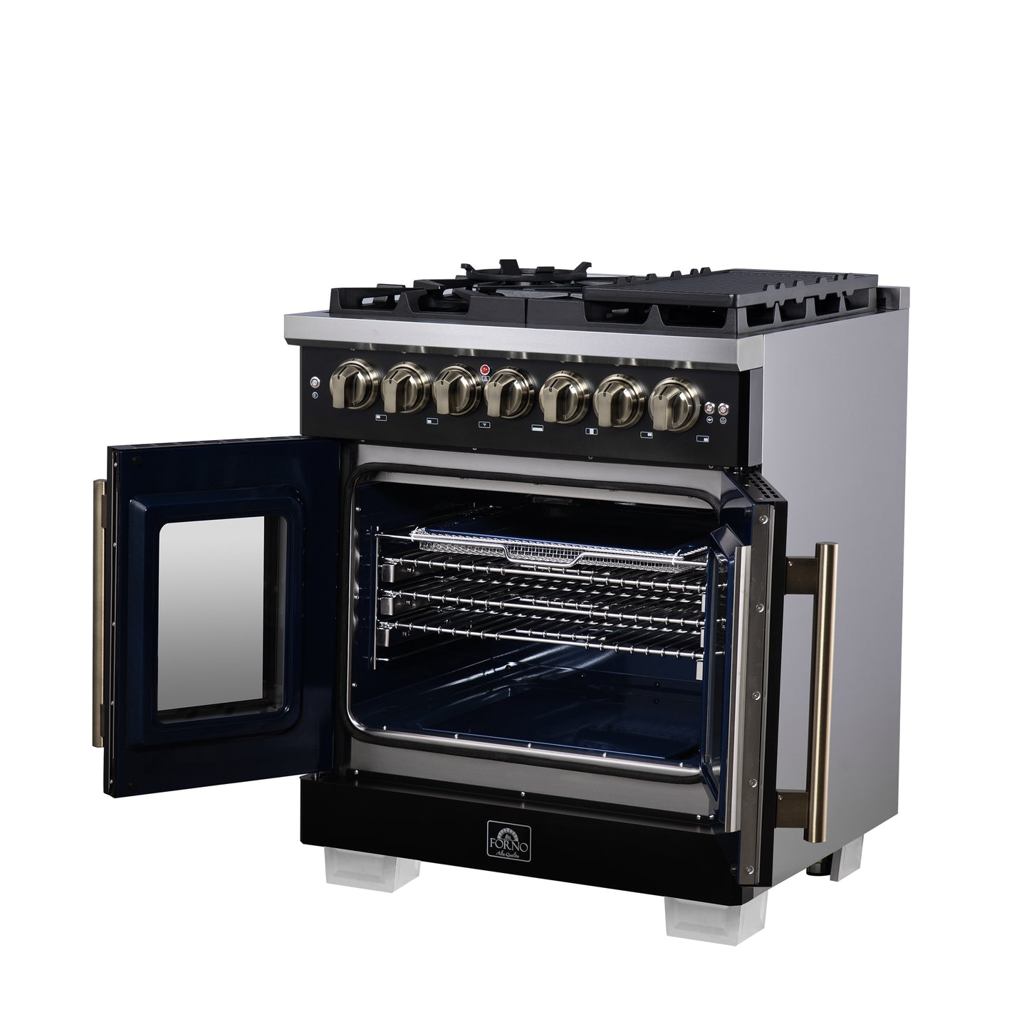 Forno Capriasca 30-Inch Freestanding French Door Dual Fuel Range in Black with Antique Brass Accessories, 5 Burners, True Convection Oven