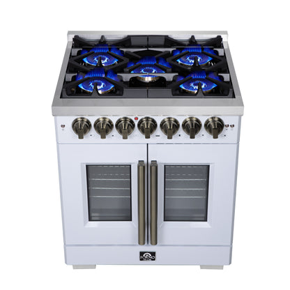 Forno Capriasca 30-Inch Freestanding French Door Dual Fuel Range in White with Antique Brass Accessories, 5 Burners, True Convection Oven