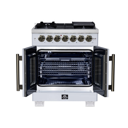 Forno Capriasca 30-Inch Freestanding French Door Dual Fuel Range in White with Antique Brass Accessories, 5 Burners, True Convection Oven