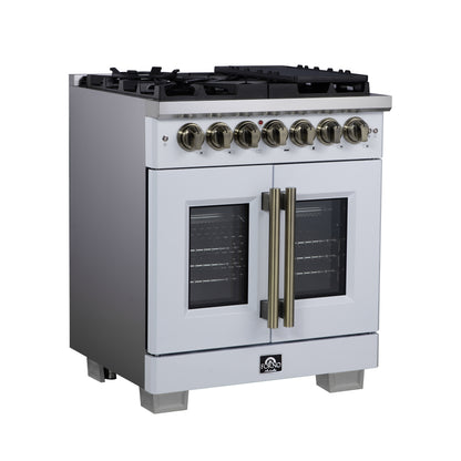 Forno Capriasca 30-Inch Freestanding French Door Dual Fuel Range in White with Antique Brass Accessories, 5 Burners, True Convection Oven