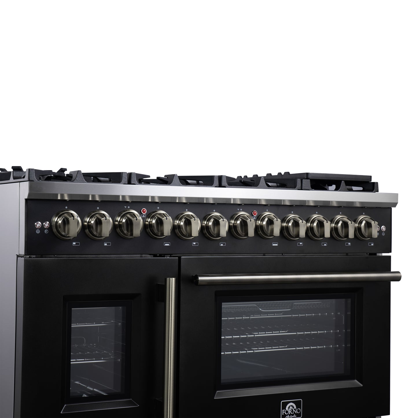 Forno Capriasca 48 Inch Freestanding French Door Dual Fuel Range in Black with Antique Brass Accessories, 8 Burners, True Convection Oven