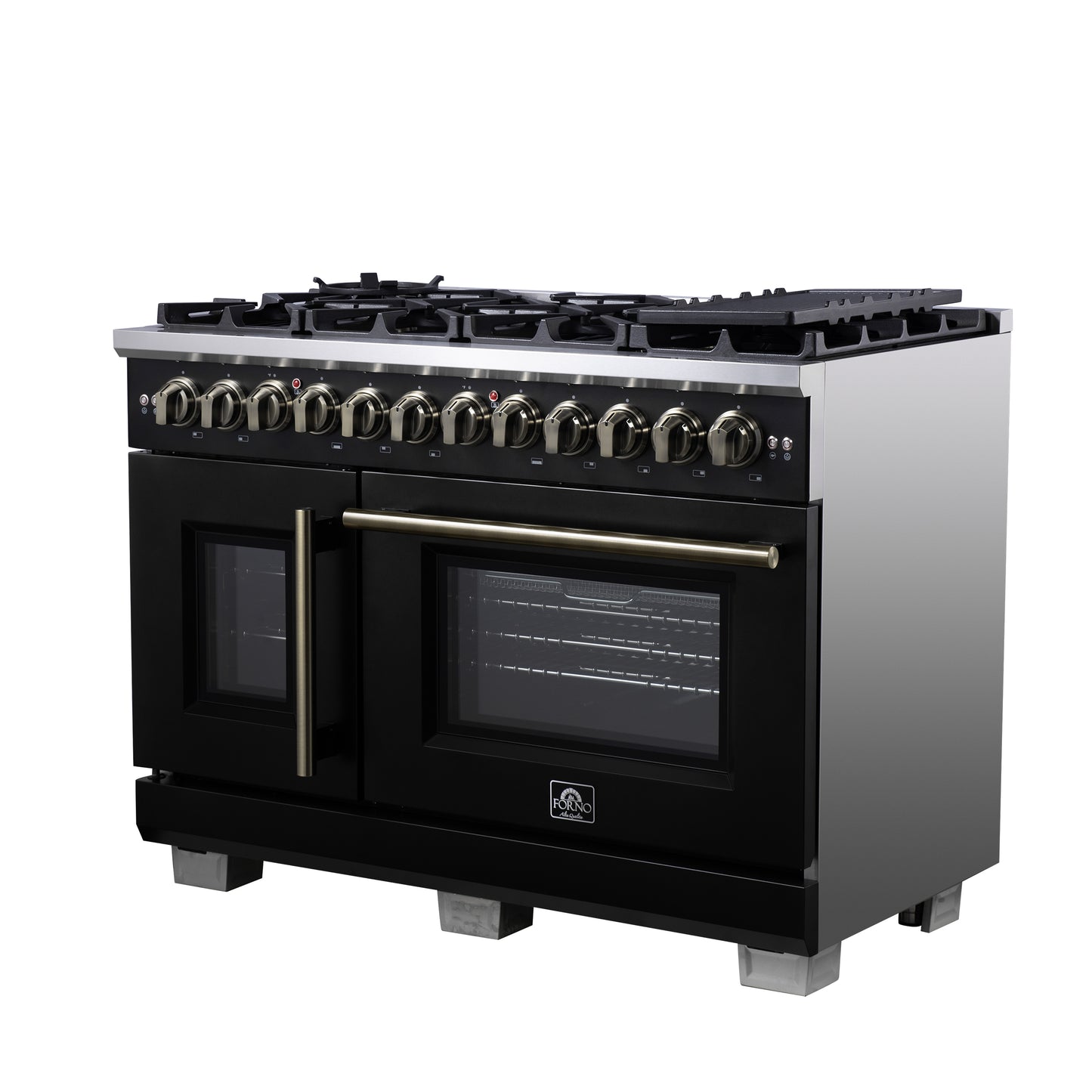Forno Capriasca 48 Inch Freestanding French Door Dual Fuel Range in Black with Antique Brass Accessories, 8 Burners, True Convection Oven