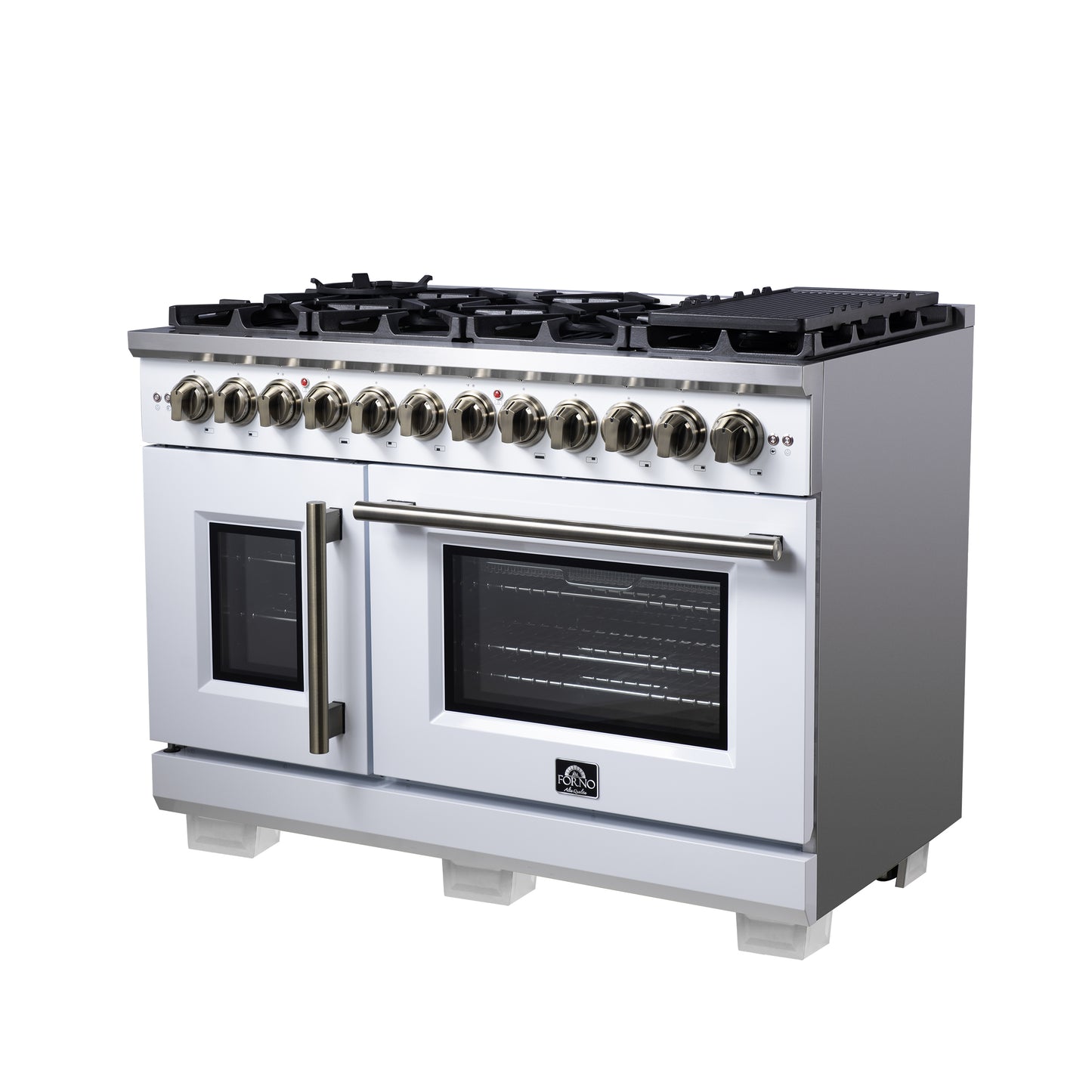 Forno Capriasca 48 Inch Freestanding French Door Dual Fuel Range in White with Antique Brass Accessories, 8 Burners, True Convection Oven