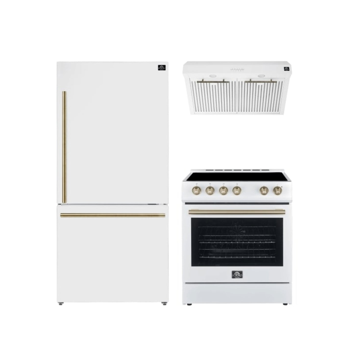 FORNO Premium 3-Piece Kitchen Bundle - Leonardo Espresso 30" White Range, 30" White Range Hood, 31" White Refrigerator - FBDL-001-03CA