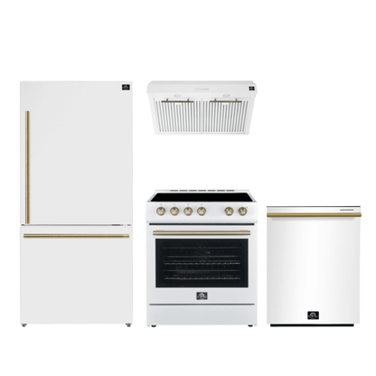 FORNO Premium 4-Piece Kitchen Bundle - Leonardo Espresso 30" White Range, 30" White Range Hood, 31" White Bottom Freezer Refrigerator, 24" White Built-In Dishwasher - FBDL-006-03CA
