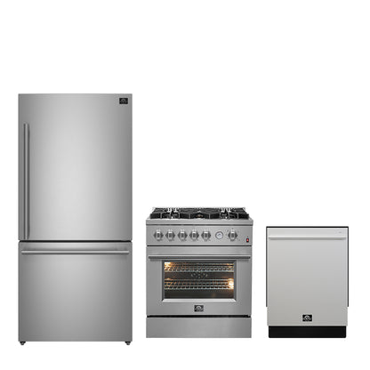 FORNO Premium 3-Piece Kitchen Bundle - 30&quot; Gas Range, Bottom Freezer Refrigerator, Built-In Dishwasher, Stainless Steel - FBDL-012-01CAUS