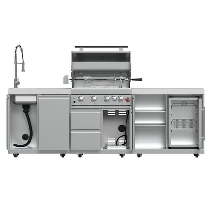 FORNO Bulnes 30-Inch BBQ, 60,000 BTU, 3 Burners with Sear & Rotisserie Infrared Burners, Stainless Steel Outdoor Kitchen with 1.8 cu.ft. Beverage Center & White Sintered Stone Countertops