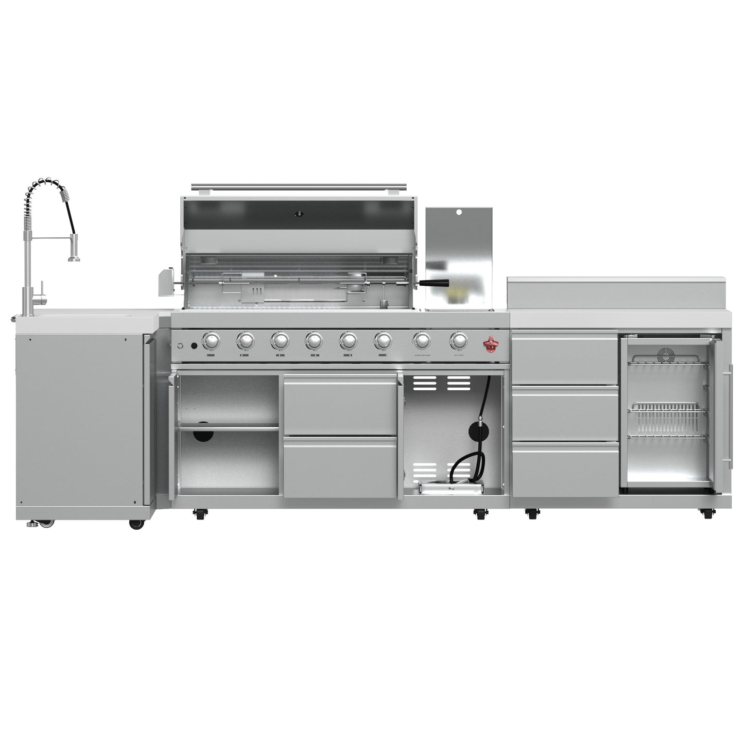 FORNO Bulnes 40-Inch BBQ, 95,000 BTU, 5 Burners, Sear & Rotisserie Infrared with Side Burner, Stainless Steel Outdoor Kitchen with 1.8 cu.ft. Beverage Center & White Sintered Stone Countertops