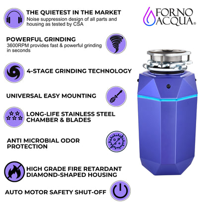 FORNO ACQUA BrightDIAMOND Amethyst 1HP Super Quiet Garbage Disposal Corded with Motion Sensor Cabinet Light & Pre-Wired Air Switch