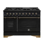 Forno Antico 48-Inch Freestanding Gas Range, Black, Antique Brass Design, 8 Burners, Griddle, Double Ovens, Energy Efficient