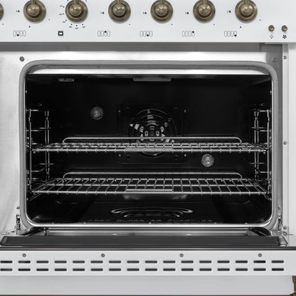 Forno Antico 48-Inch Freestanding Gas Range, White, Antique Brass Design, 8 Burners, Griddle, Double Ovens, Energy Efficient