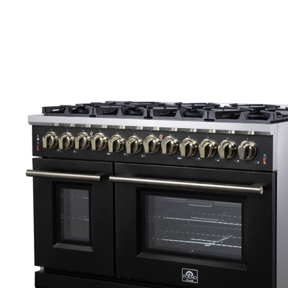 Forno Massimo 48-Inch Black Freestanding Gas Range, 8 Burners, True Convection Oven