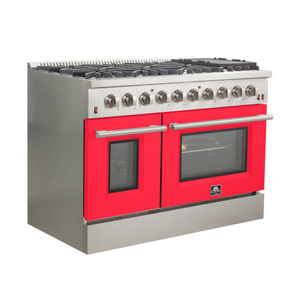 Forno Galiano 48-Inch Freestanding Gas Range, Stainless Steel, 8 Burners, 107,000 BTU, Griddle, Double Ovens, Energy Efficient, Red Doors