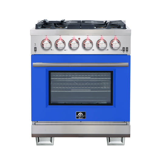 Forno Capriasca 30-Inch Freestanding Gas Range, 4 Burners, True Convection Oven, Blue Door