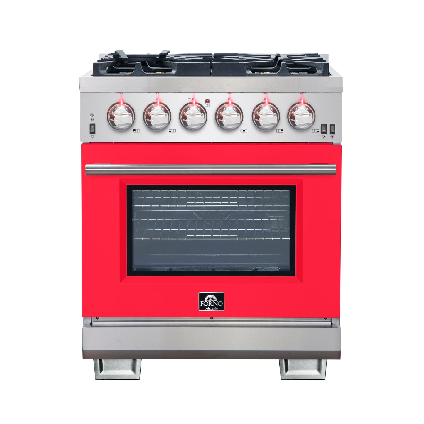 Forno Capriasca 30-Inch Freestanding Gas Range, 4 Burners, True Convection Oven, Red Door