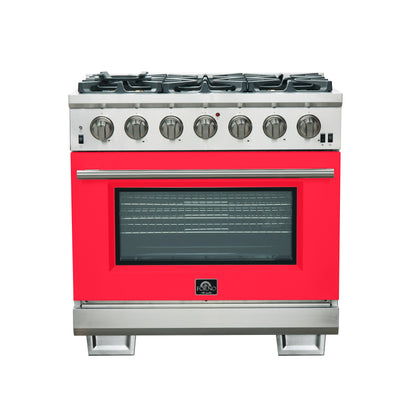 Forno Capriasca 36-Inch Gas Range, Stainless Steel, 6 Brass Burners, 120,000 BTU, Convection Oven, Energy Efficient, Red Door